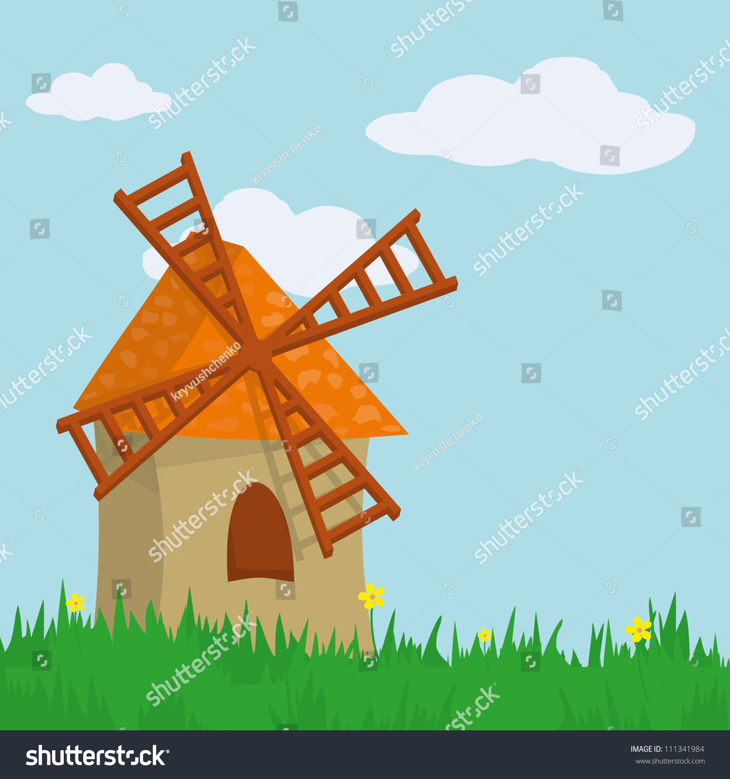 windmill cartoon landscape with flowers