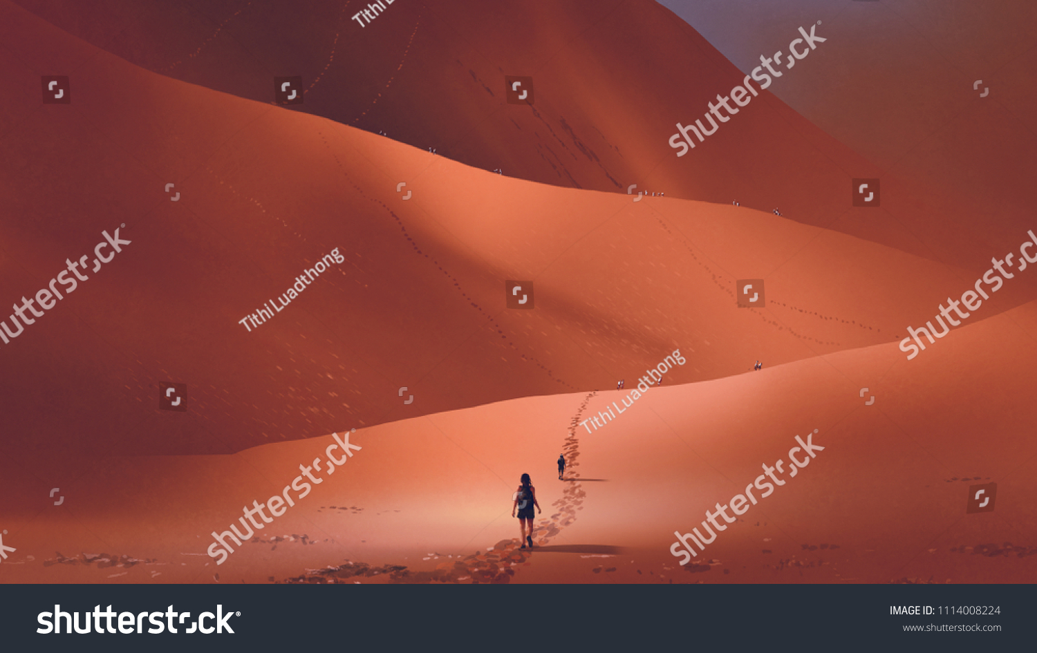 hikers climb up to the sand dune in the red desert digital art style illustration painting