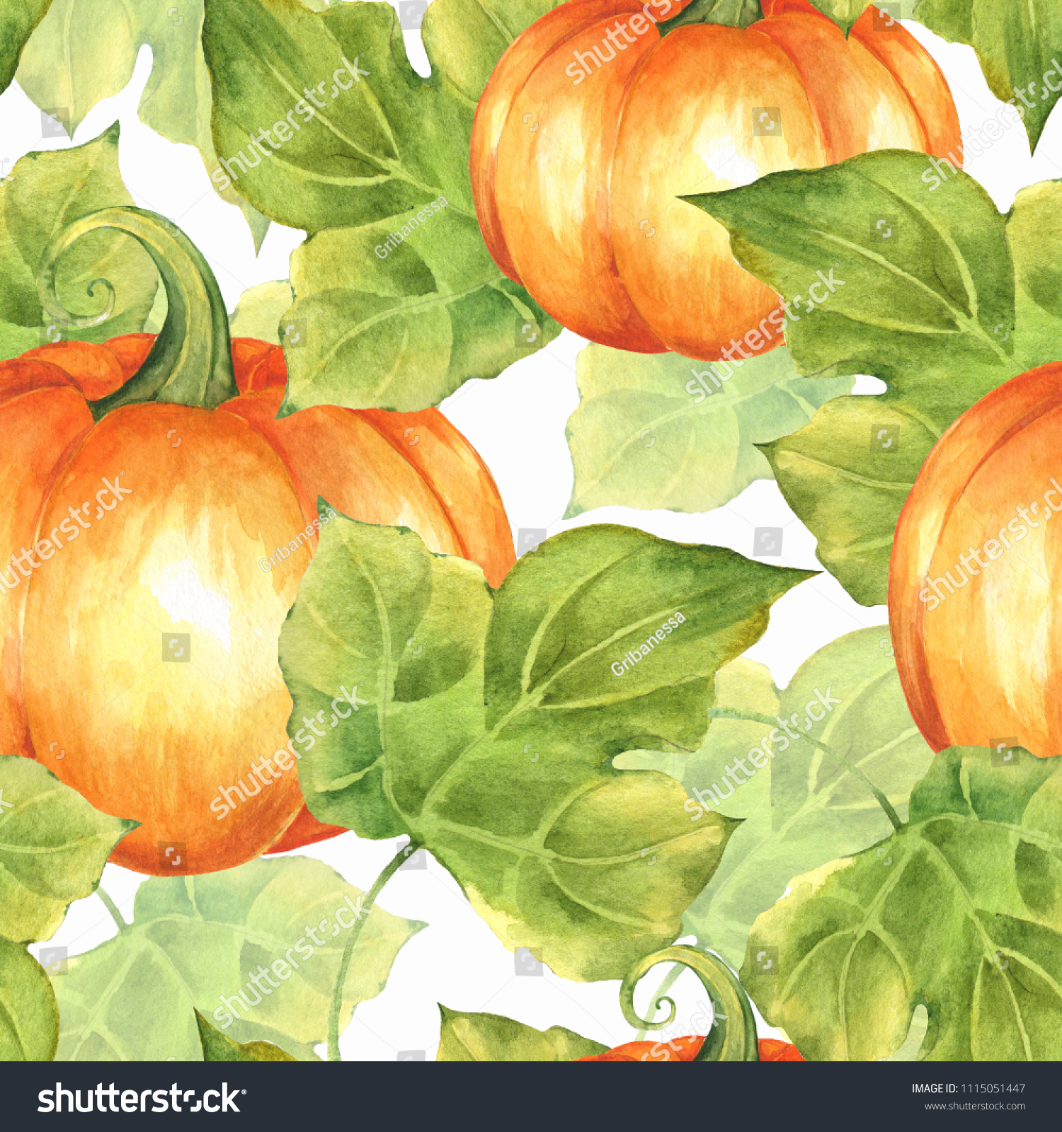 Orange pumpkins. Seamless pattern 1. Watercolor illustration