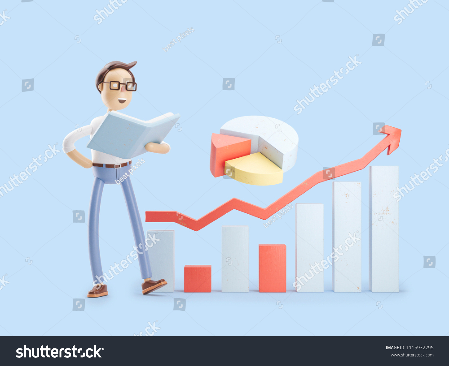 a cartoon character stands with a book and infographics. 3d illustration