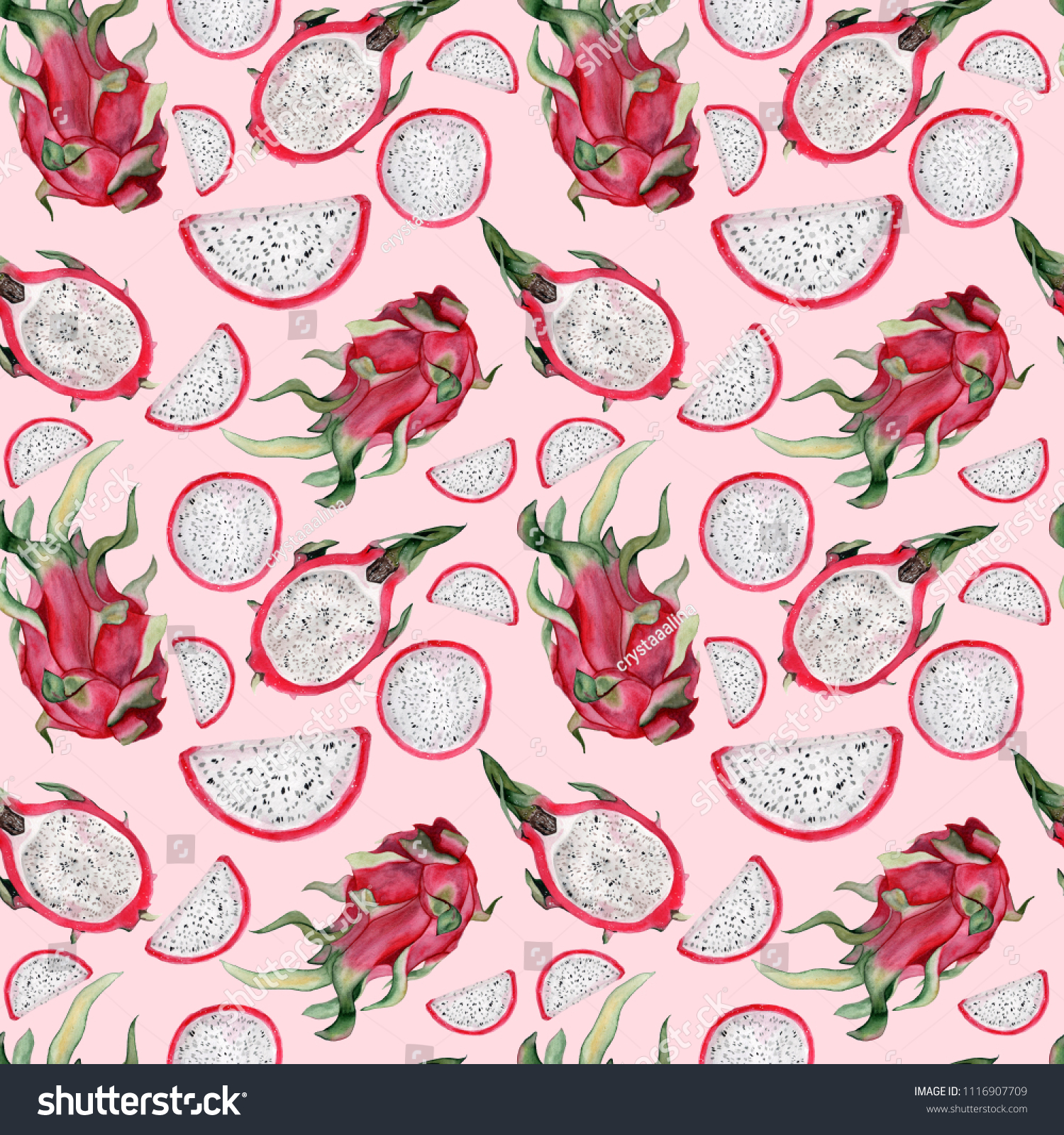 Watercolor seamless pattern of tropical fruit pitaya or dragon fruit. Tropical summer illustration