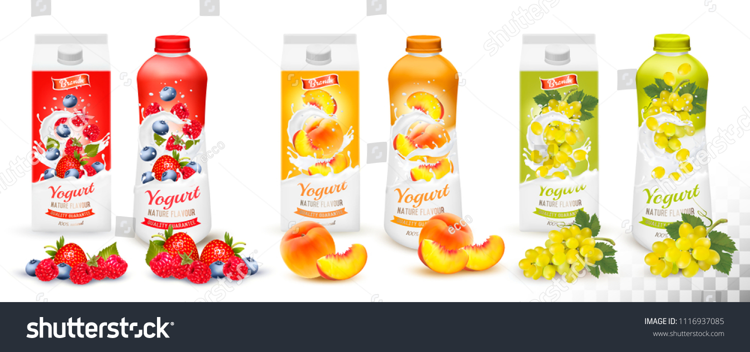 Set of yogurt in bottles  and boxes with fruit and berries. Strawberry  raspberry  blueberry  grapes and peach. Design template. Vector