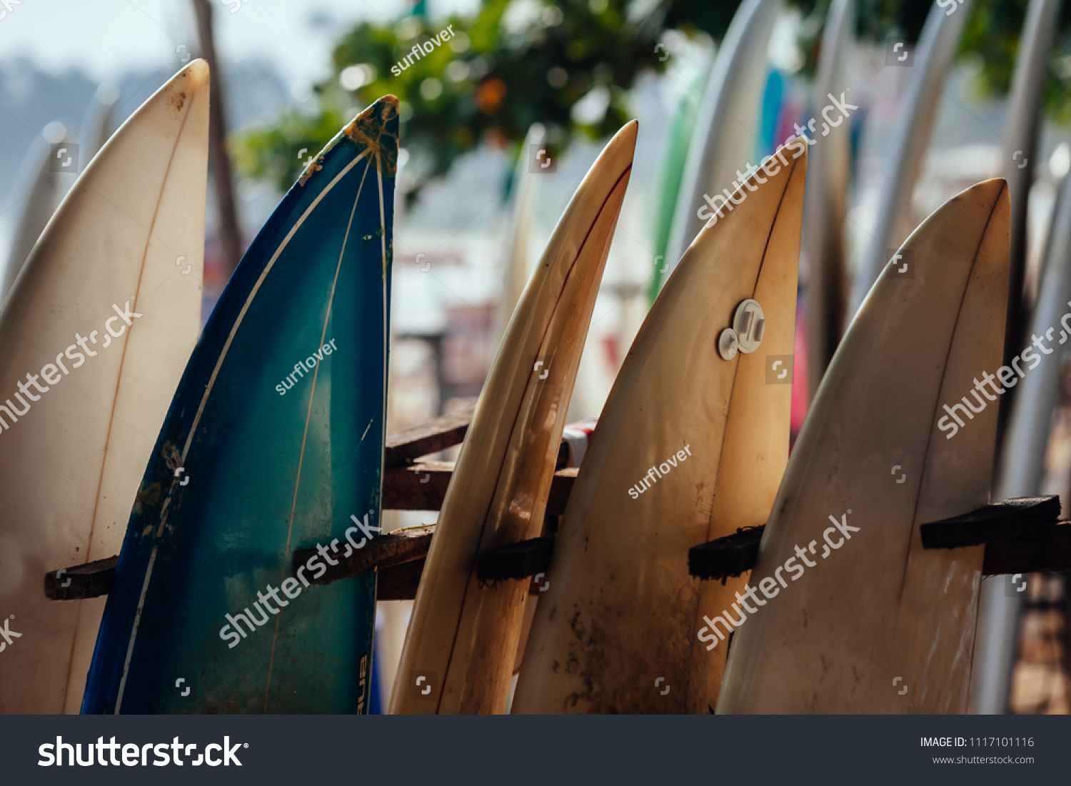 Set of different color surf boards in a stack by ocean.WELIGAMA  SRI LANKA. Surf boards on sandy Weligama beach in Sri Lanka. surf is available all year around for beginner and advanced