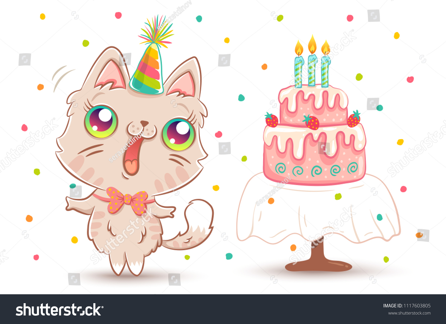Vector cute cat with strawberry Birthday cake in kawaii style. Happy birthday! White kitty in birthday hat.