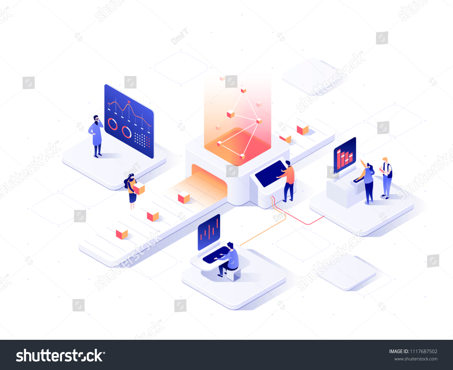 人们与图表互动并分析统计数据。数据可视化概念。 3D等距矢量图。