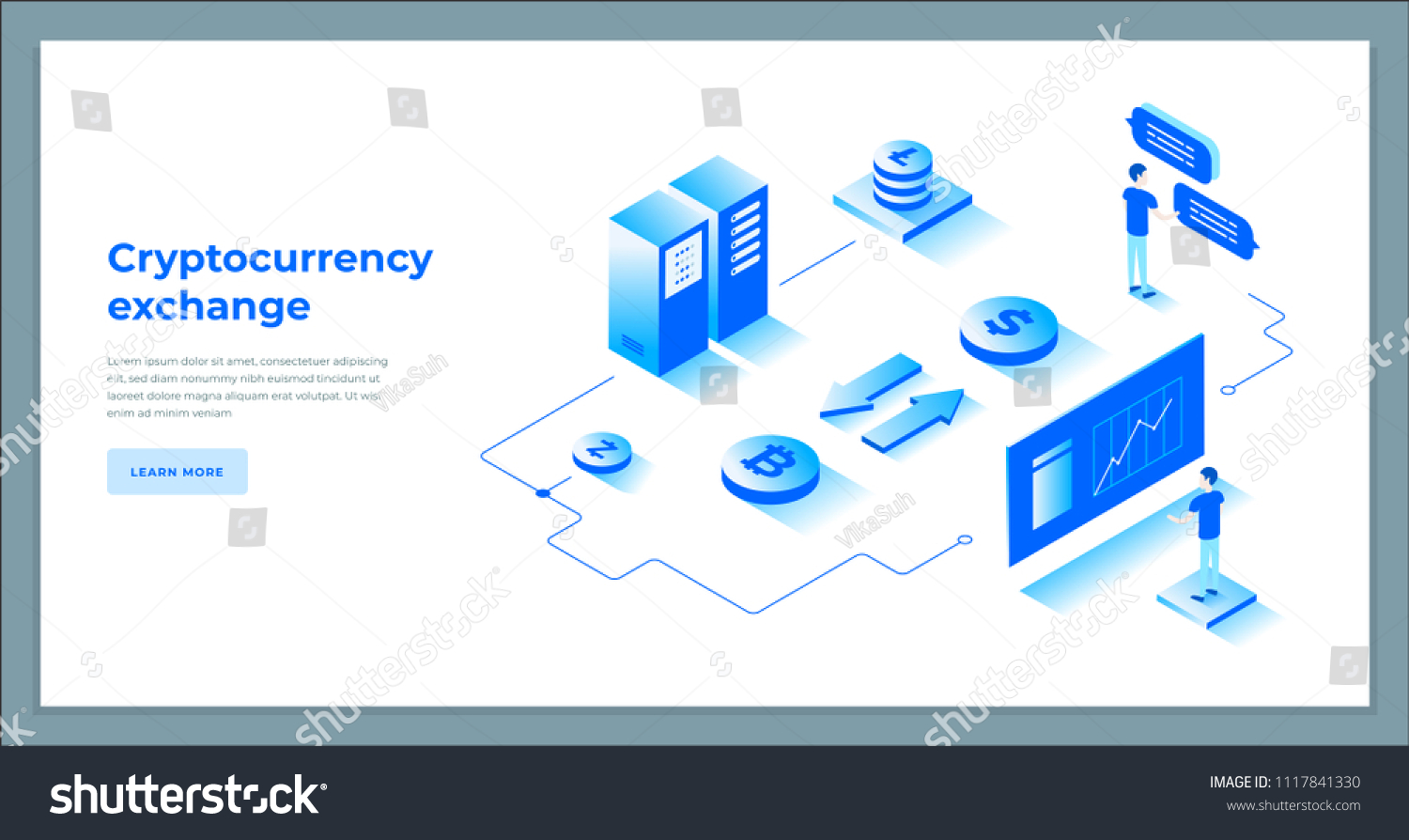 Cryptocurrency exchange and blockchain isometric composition. Good for landing page template and infographics vector illustration.