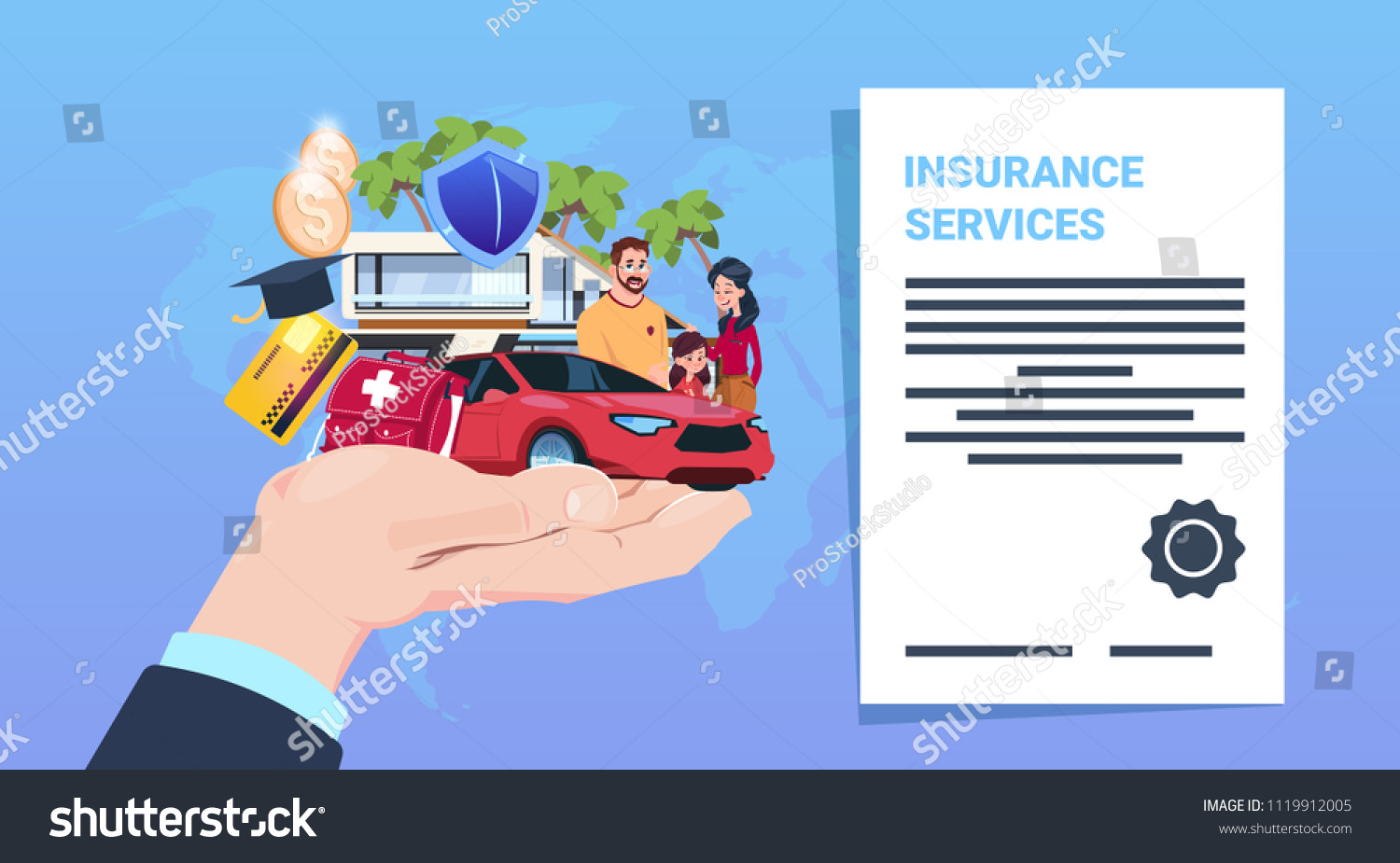 insurance service protection concept hand car life home medical financial policy contract cartoon on blue background flat vector illustration