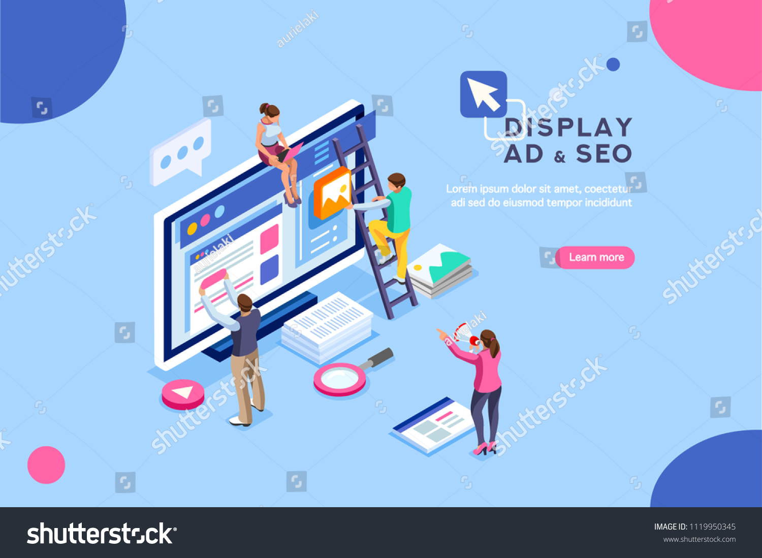Seo optimization  website pay per click concept. Development group characters  team work together on web images. People flat isometric infographics or banner. Illustration isolated on white background