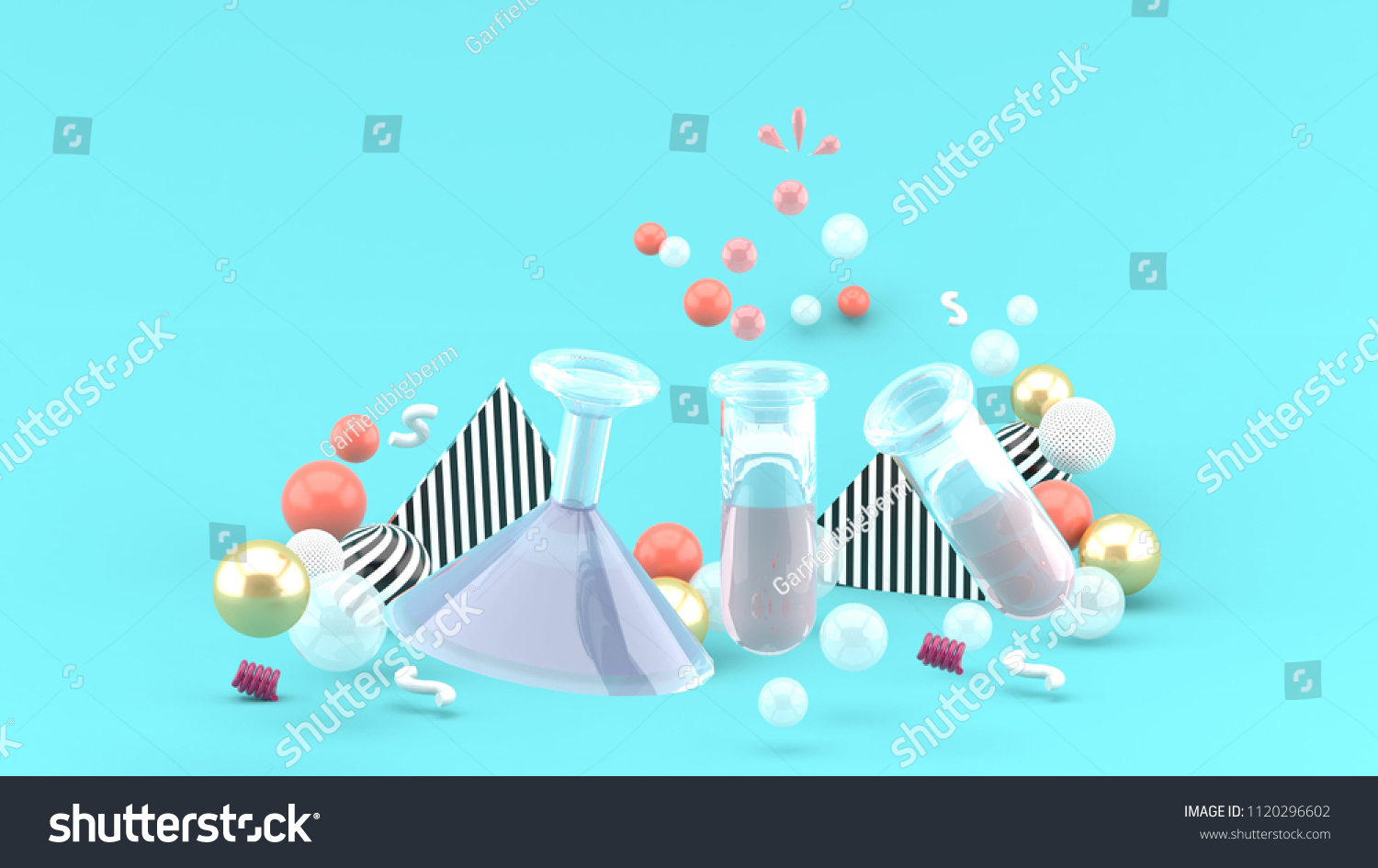 Science experiments  tubes amid colorful balls on blue background.-3d rendering.
