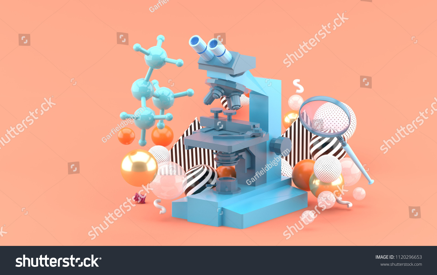 A blue microscope among colorful balls on a pink background.-3d rendering.