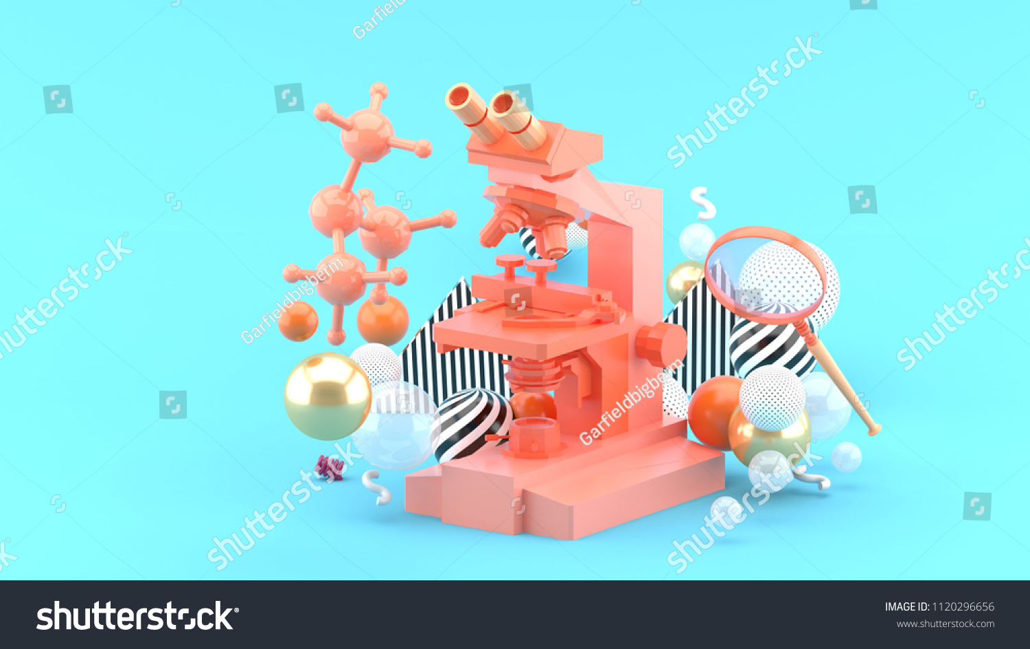 A blue microscope among colorful balls on a blue background.-3d rendering.