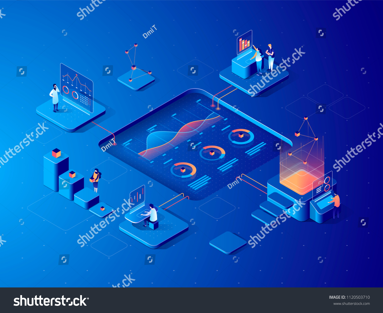 人们与图表互动并分析统计数据。数据可视化概念。 3D等距矢量图。