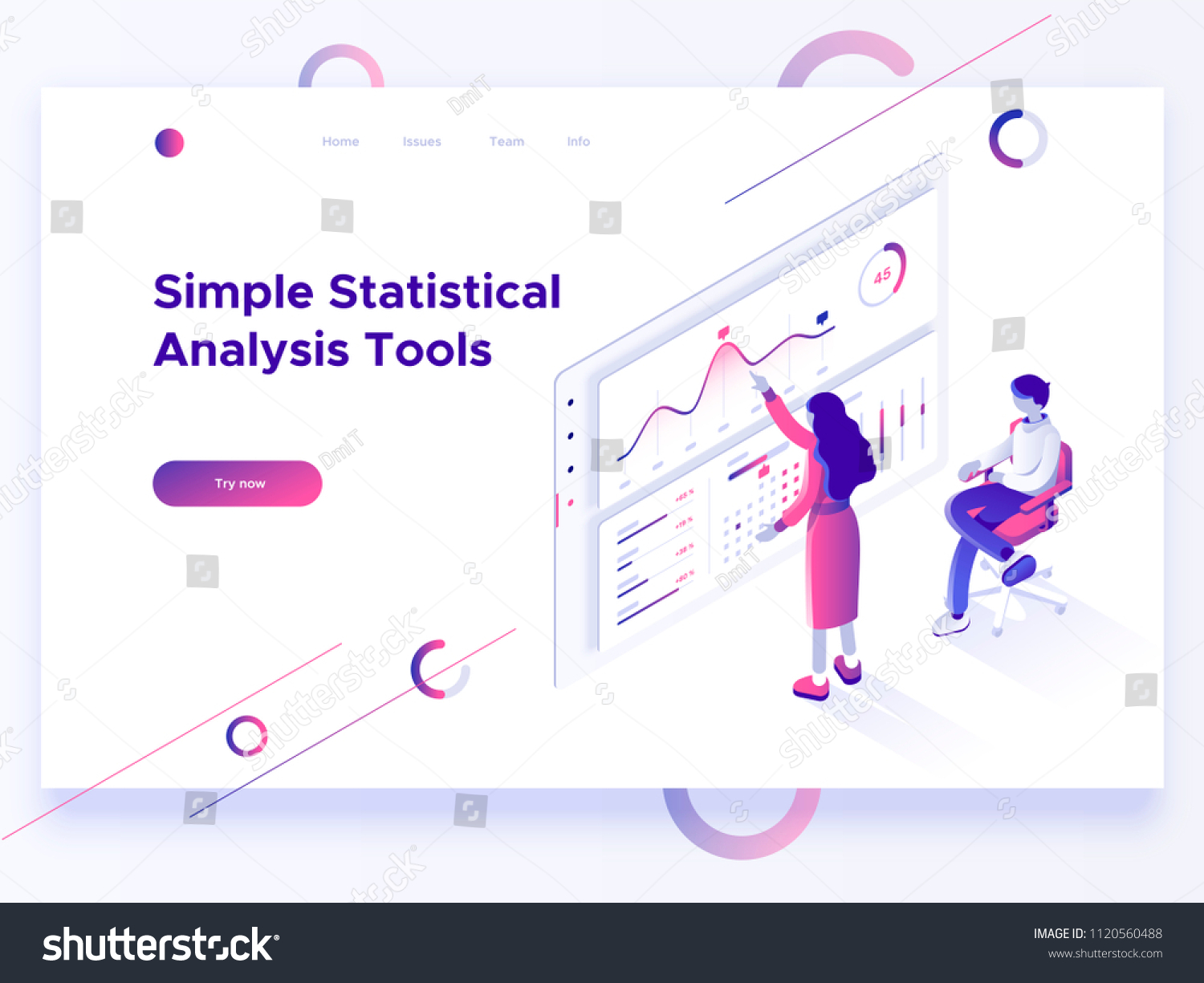 People interacting with charts and analyzing statistics. Data visualization concept. 3d isometric vector illustration.