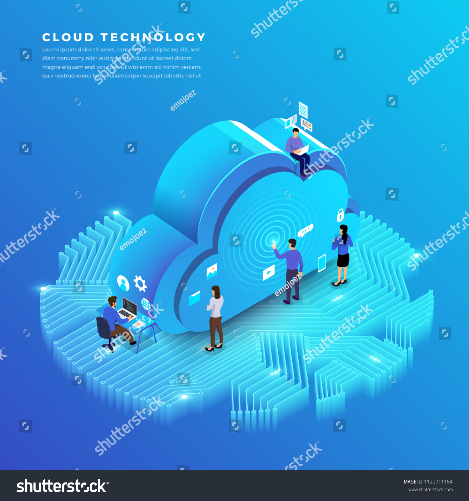 Business concept teamwork of peoples working development isometric cloud technology data. Vector illustrations.