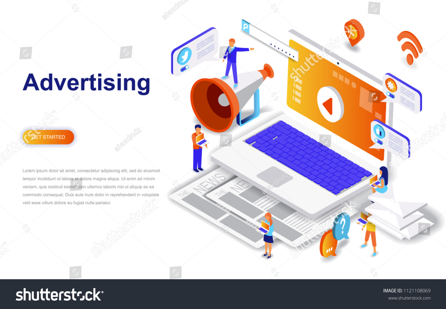 Advertising and promo modern flat design isometric concept. Advertisement and people concept. Landing page template. Conceptual isometric vector illustration for web and graphic design.