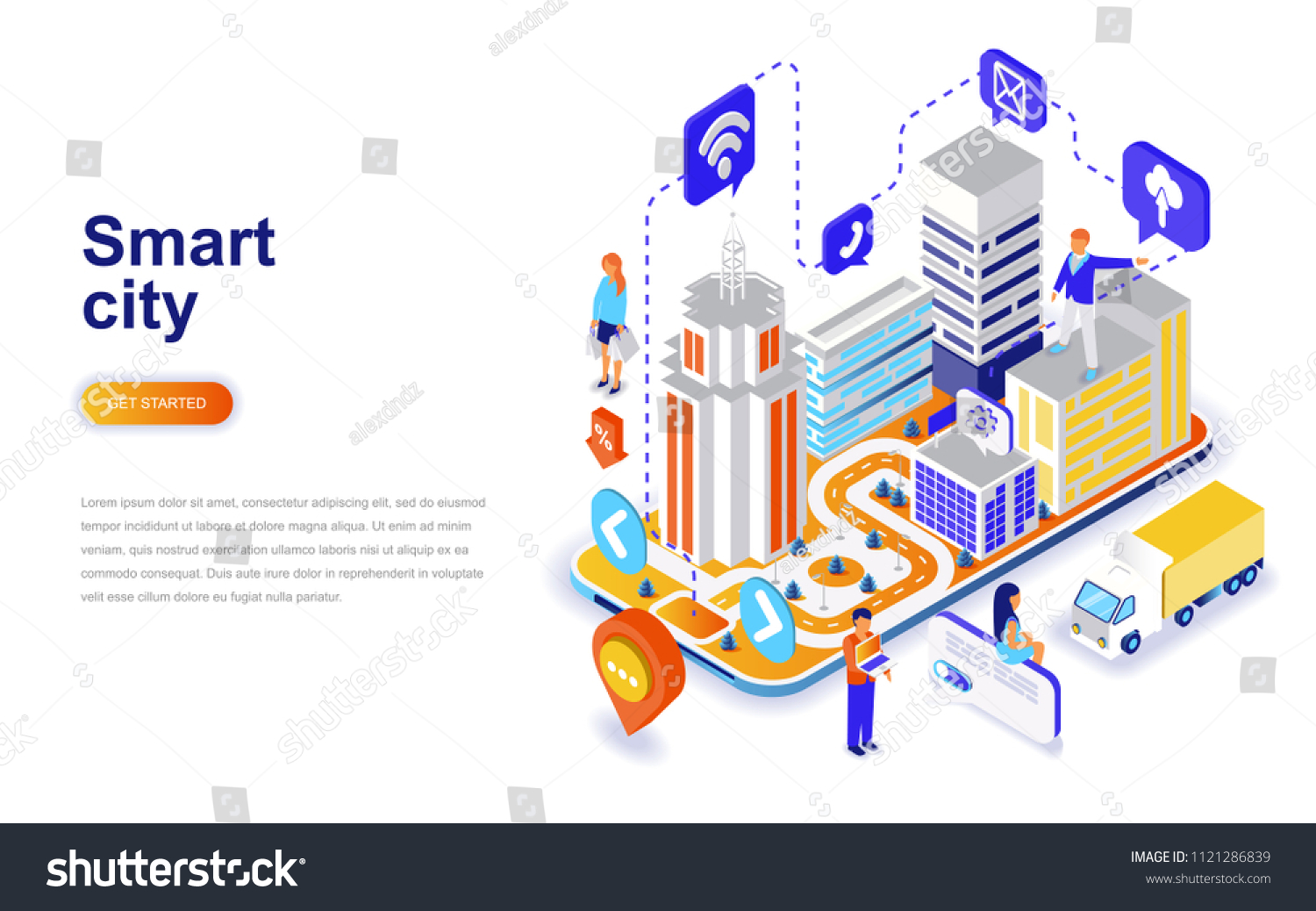 Smart city modern flat design isometric concept. Architecture and people concept. Landing page template. Conceptual isometric vector illustration for web and graphic design.