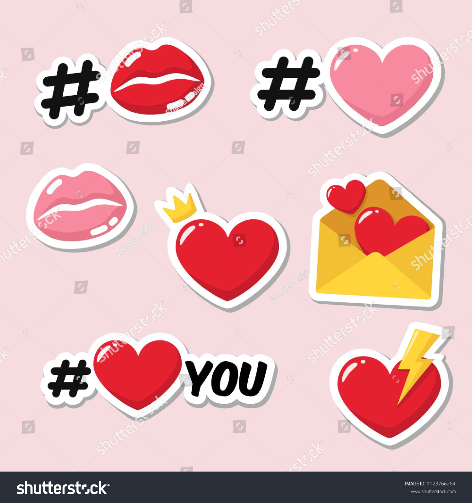 Vector set of romantic love stickers icons. Red and pink heart  hashtag heart  heart with crown  lips in kiss  heart with lightning  envelope with hearts.