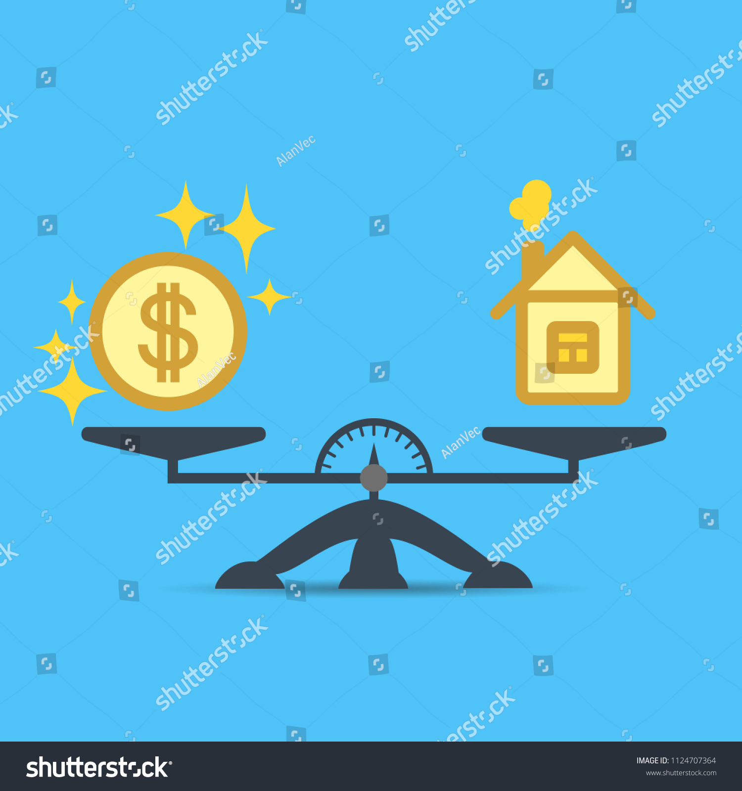 A dollar coin and a house on the scales. Money and house scales icon. Real estate  rent  expenses  liabilities and mortgage concept. Money and balance at home on the scale of the concept. Estate sale