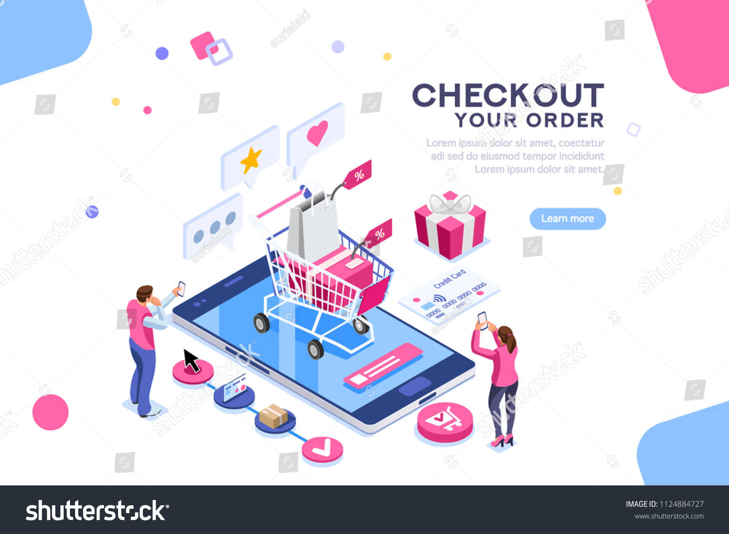 Order online concept with character. Customer order  online infographic. Isometric package sell  paying on screen purchase now discount. Flat Isometric characters illustration. Landing page for web.