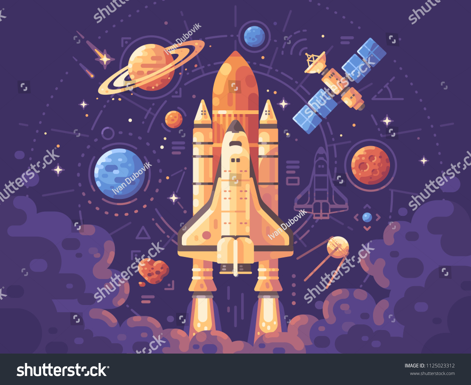 Space exploration concept. Space objects flat illustration. Shuttle launch background. Colorful astronomy banner