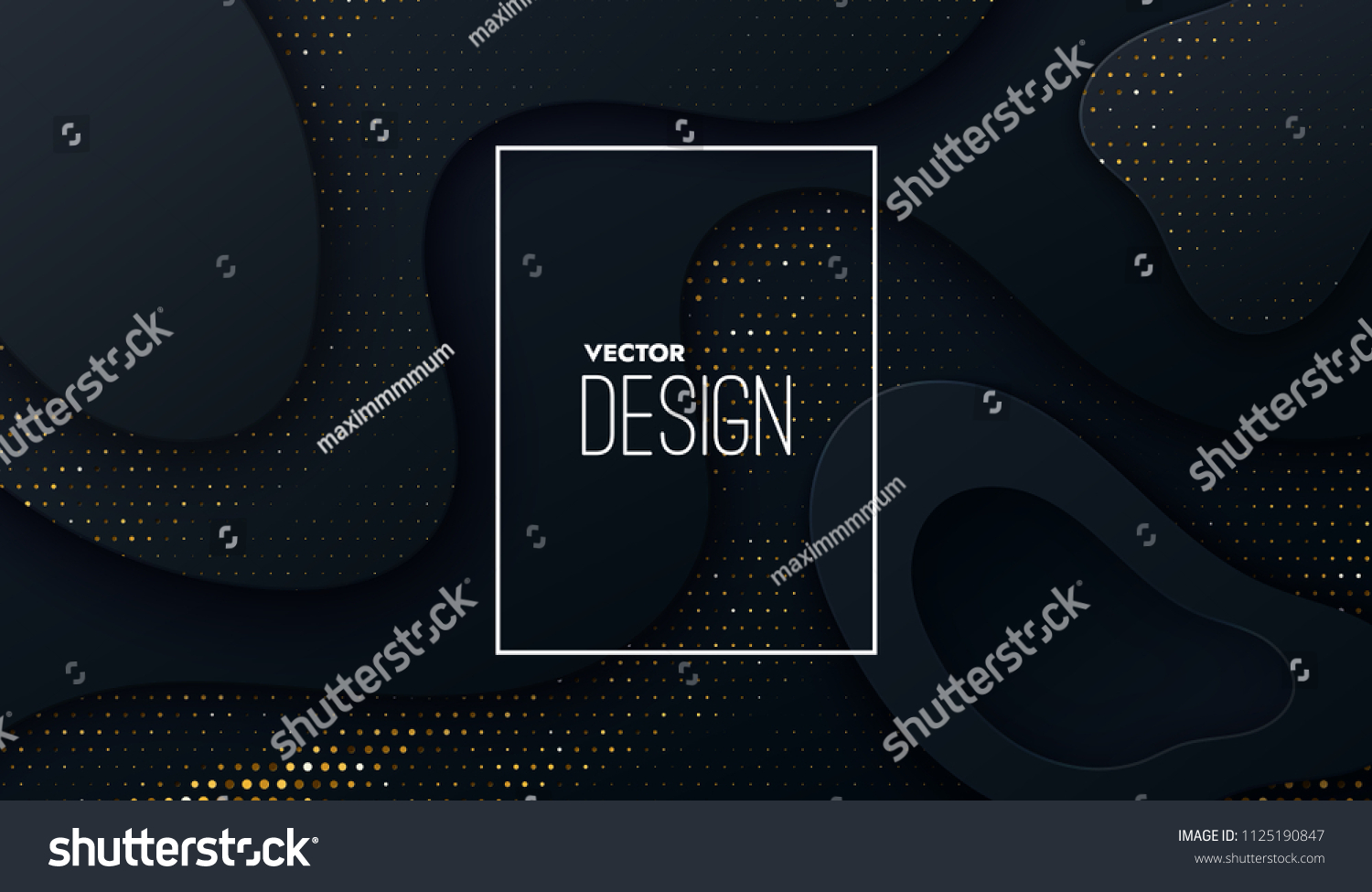 Abstract 3d background with black paper layers. Vector geometric illustration of carbon sliced shapes textured with golden glittering dots. Graphic design element. Elegant decoration
