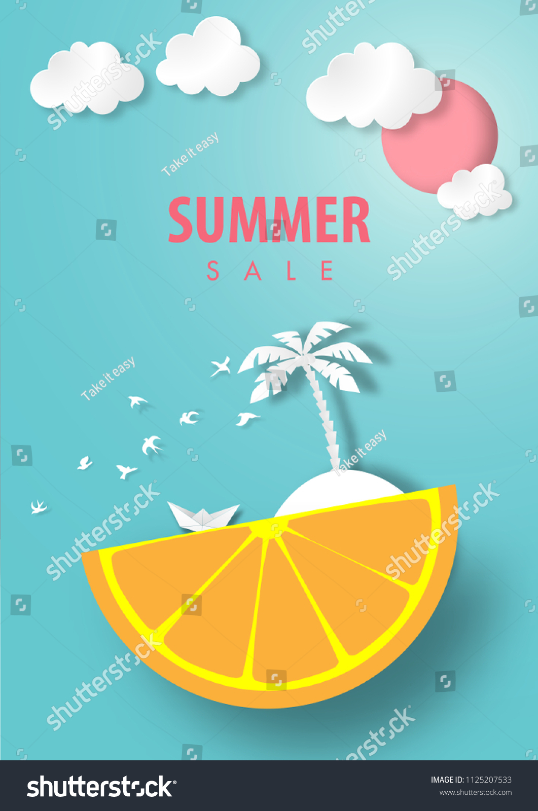 Paper art summer sale background with lemon island and coconut tree white origami boat   summer beach view paper cut style vector