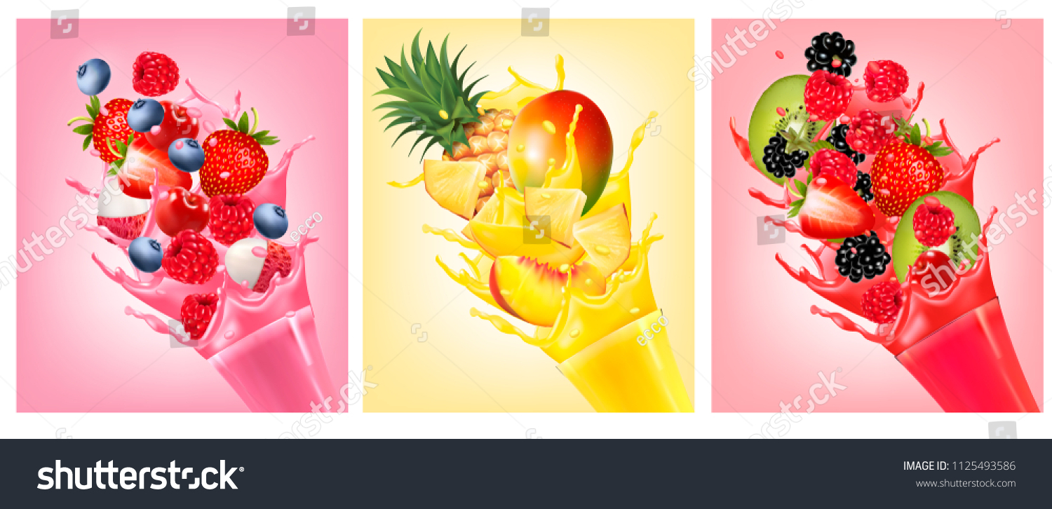 Fruit in juice splashes. Strawberry  guava  watermelon  pineapple  mango  peach  raspberry  blackberry. Vector.