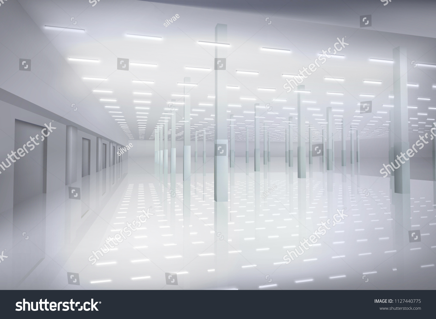Empty factory hall. White interior. Vector illustration.