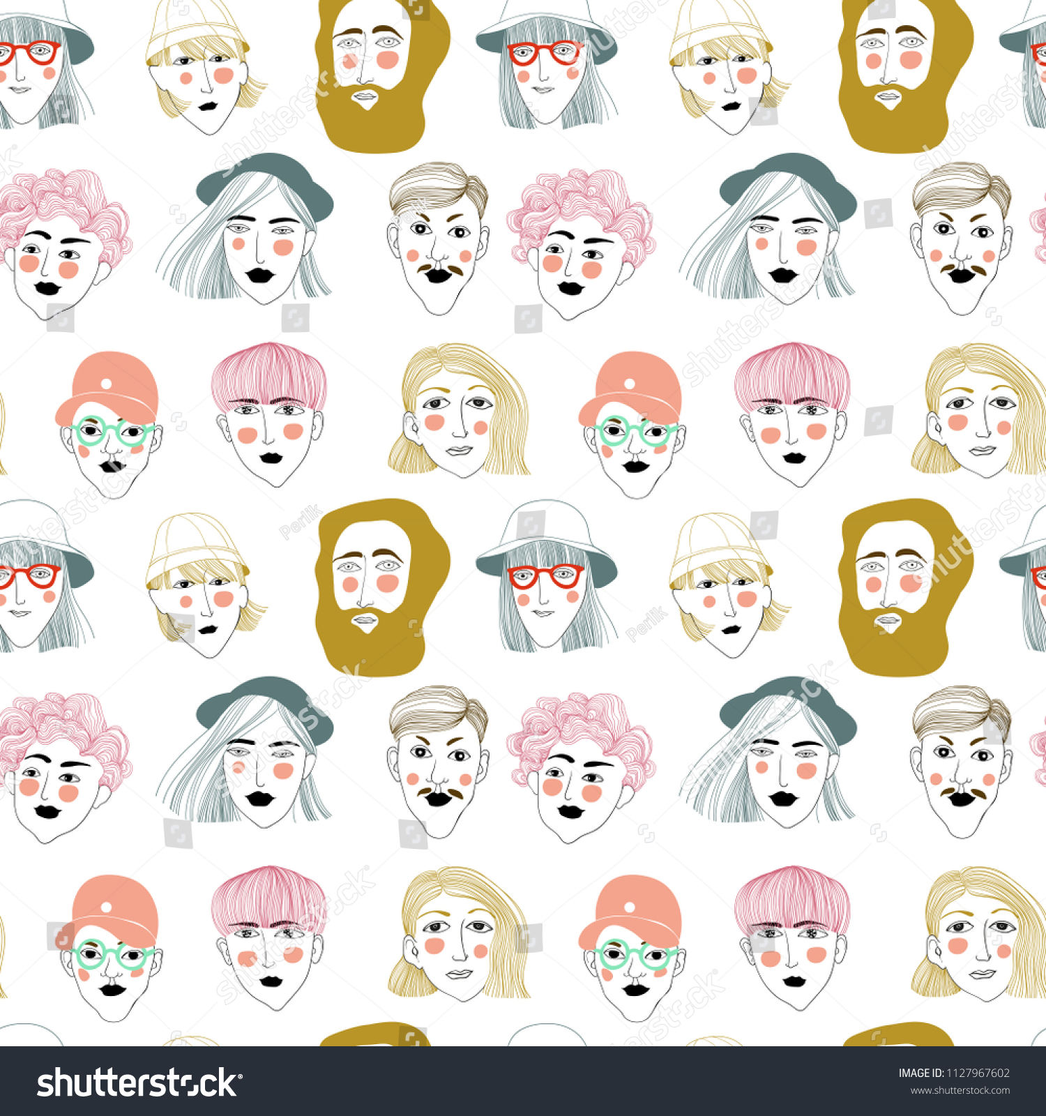 pattern with portraits of people  seamless vector pattern on white background