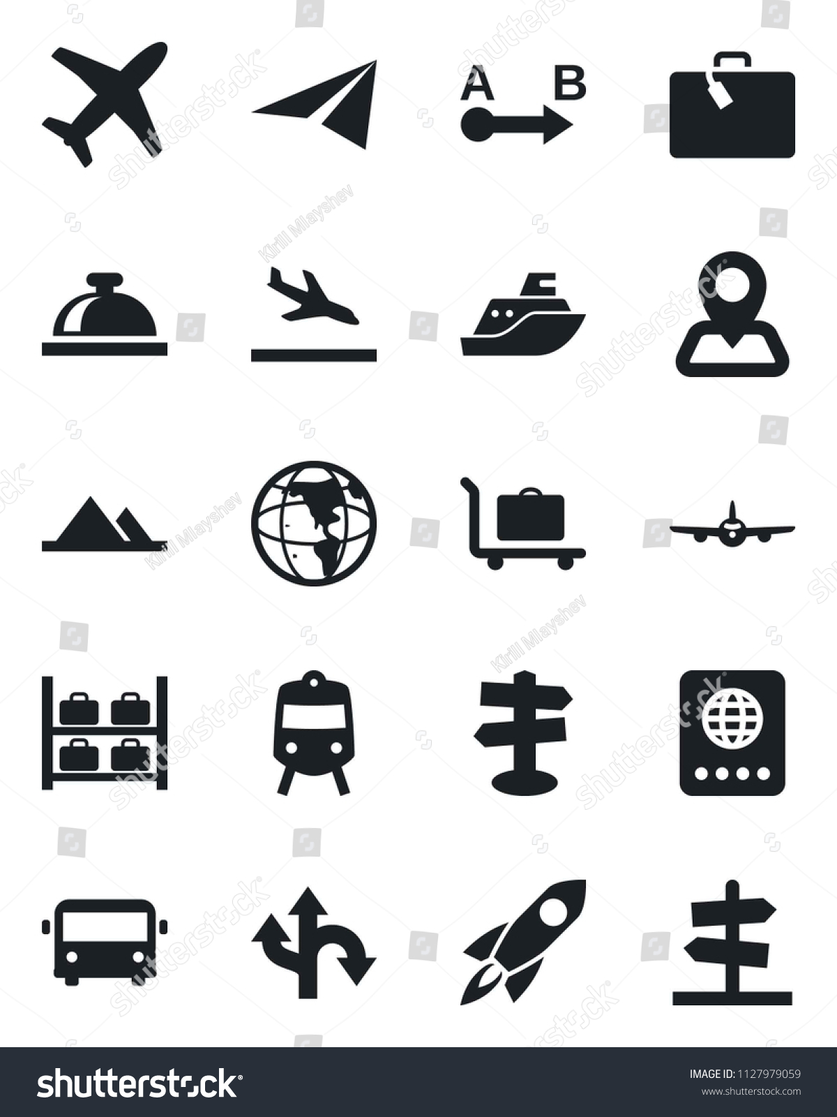 Set of vector isolated black icon - arrival vector  suitcase  baggage trolley  airport bus  train  reception bell  passport  plane  luggage storage  route  signpost  navigation  sea shipping  rocket