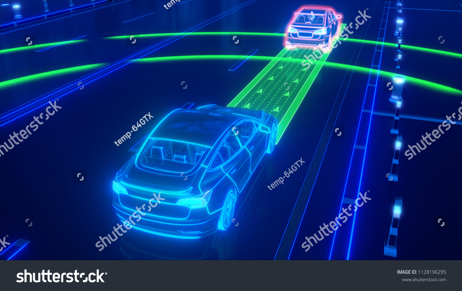 Autonomous self driving electric car change the lane and overtakes city vehicle 3d rendering