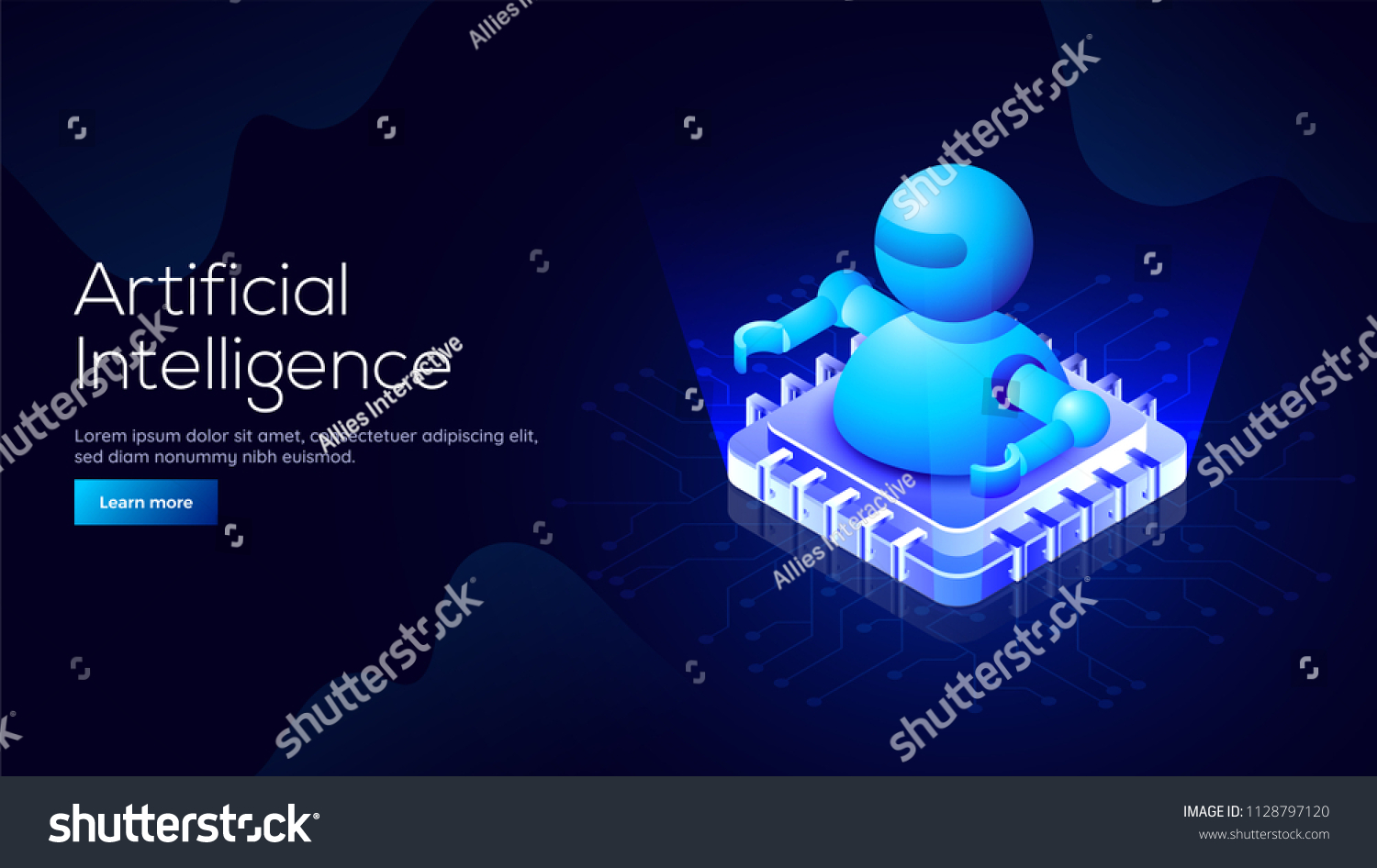 Responsive landing page design with 3D isometric illustration of a robot on processor chip for Artificial Intelligence (AI) concept.