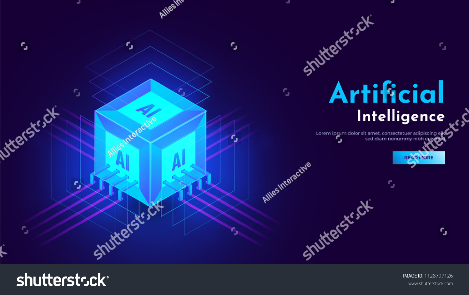 3D isometric view of cubic shape AI processor chip with glowing ultra rays for Artificial Intelligence landing page concept.