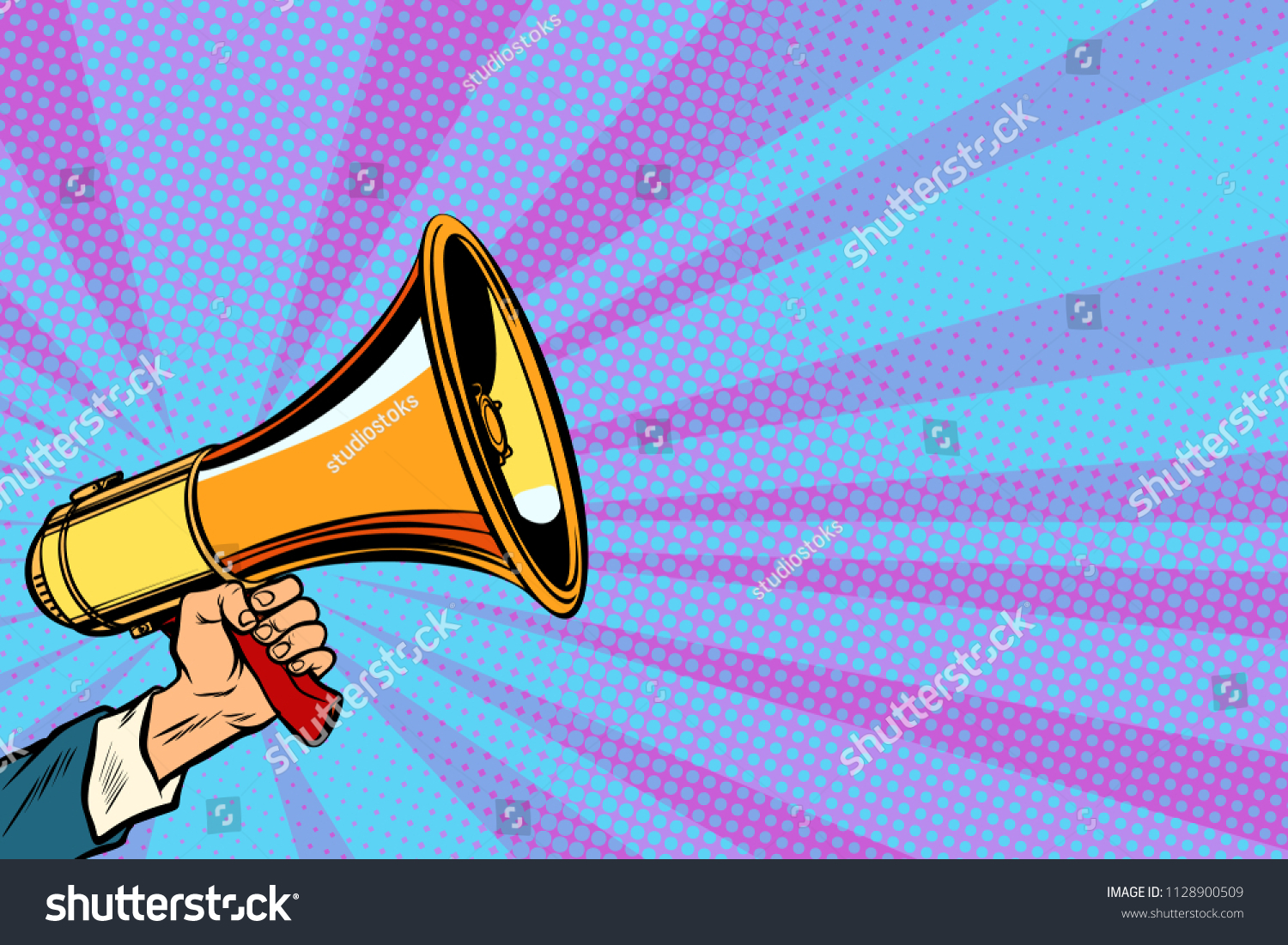 businessman hand holding a megaphone. Pop art retro vector vintage kitsch illustration drawing