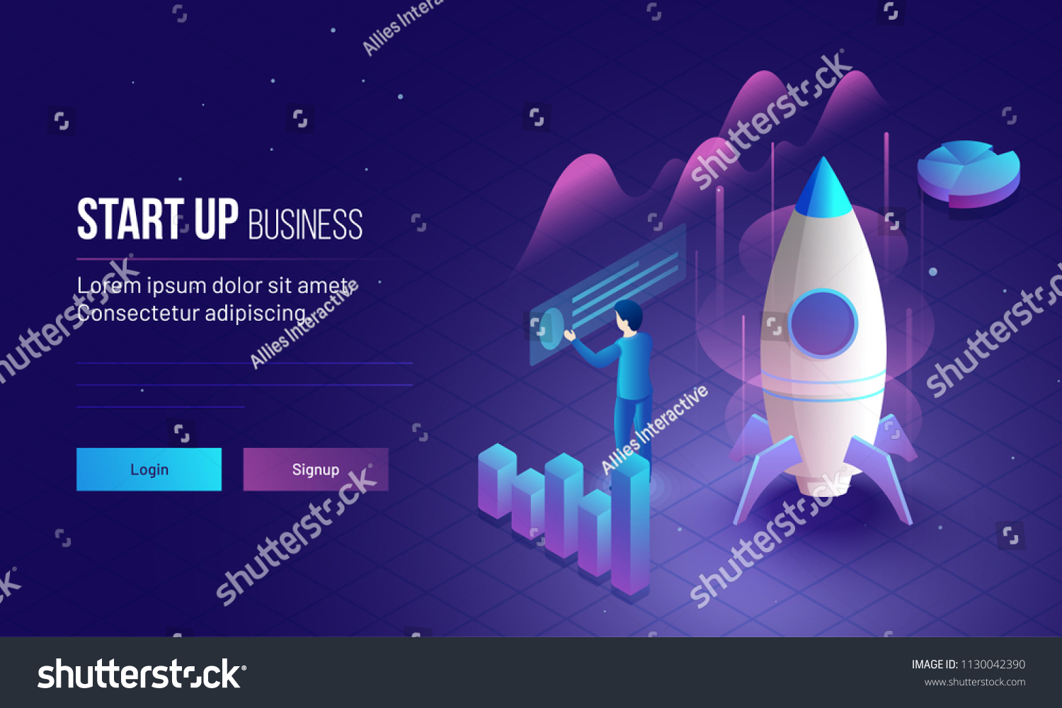 Business Startup responsive landing page or hero banner design with 3D illustration of an new entrepreneur analysis his company growth or success.