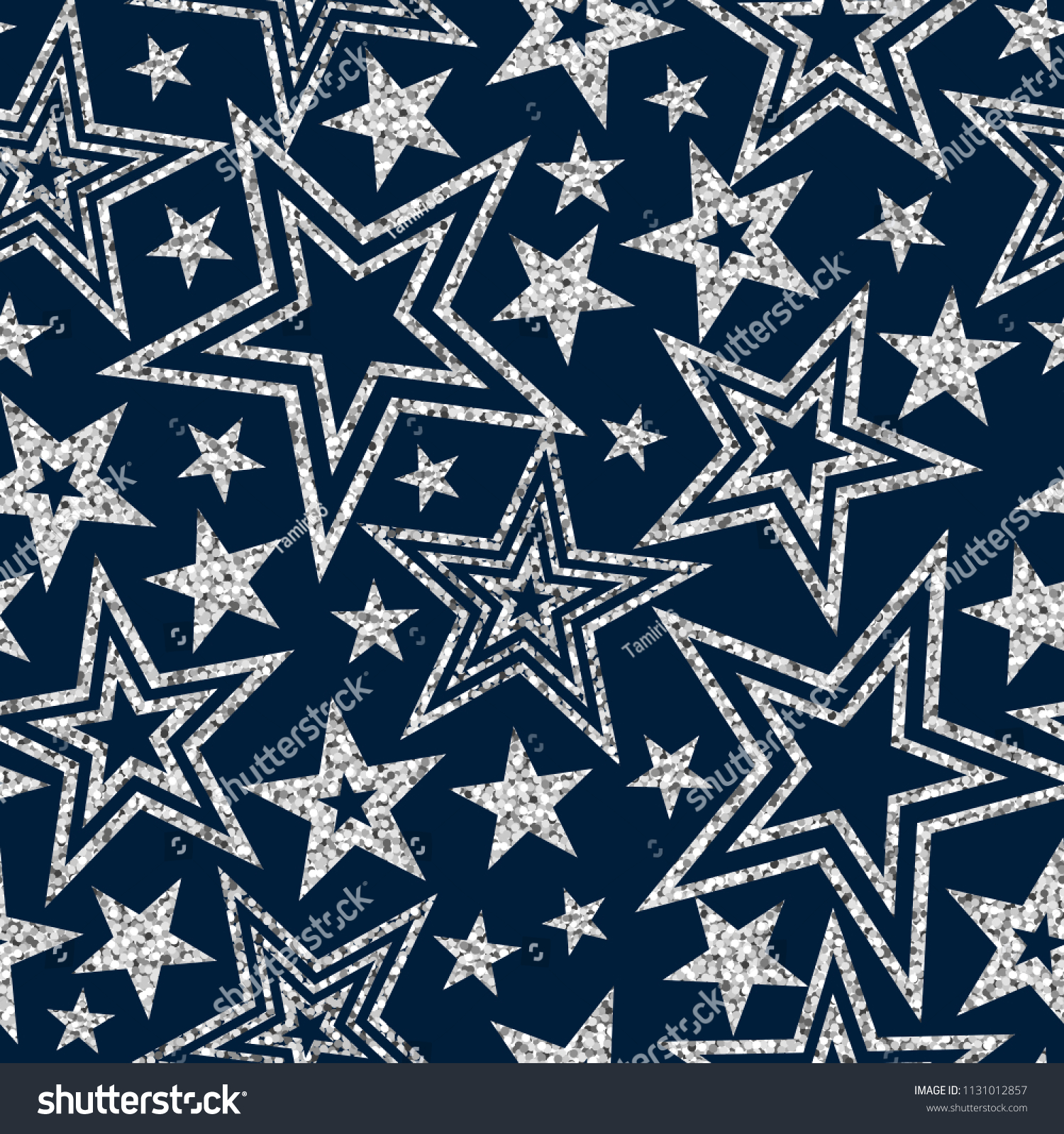 Vector geometric sparkle seamless pattern with silver glitter sparkle stars on blue background