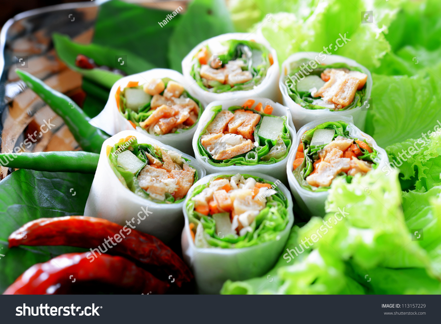 Delicious vietnamese spring roll with vegetable and chili