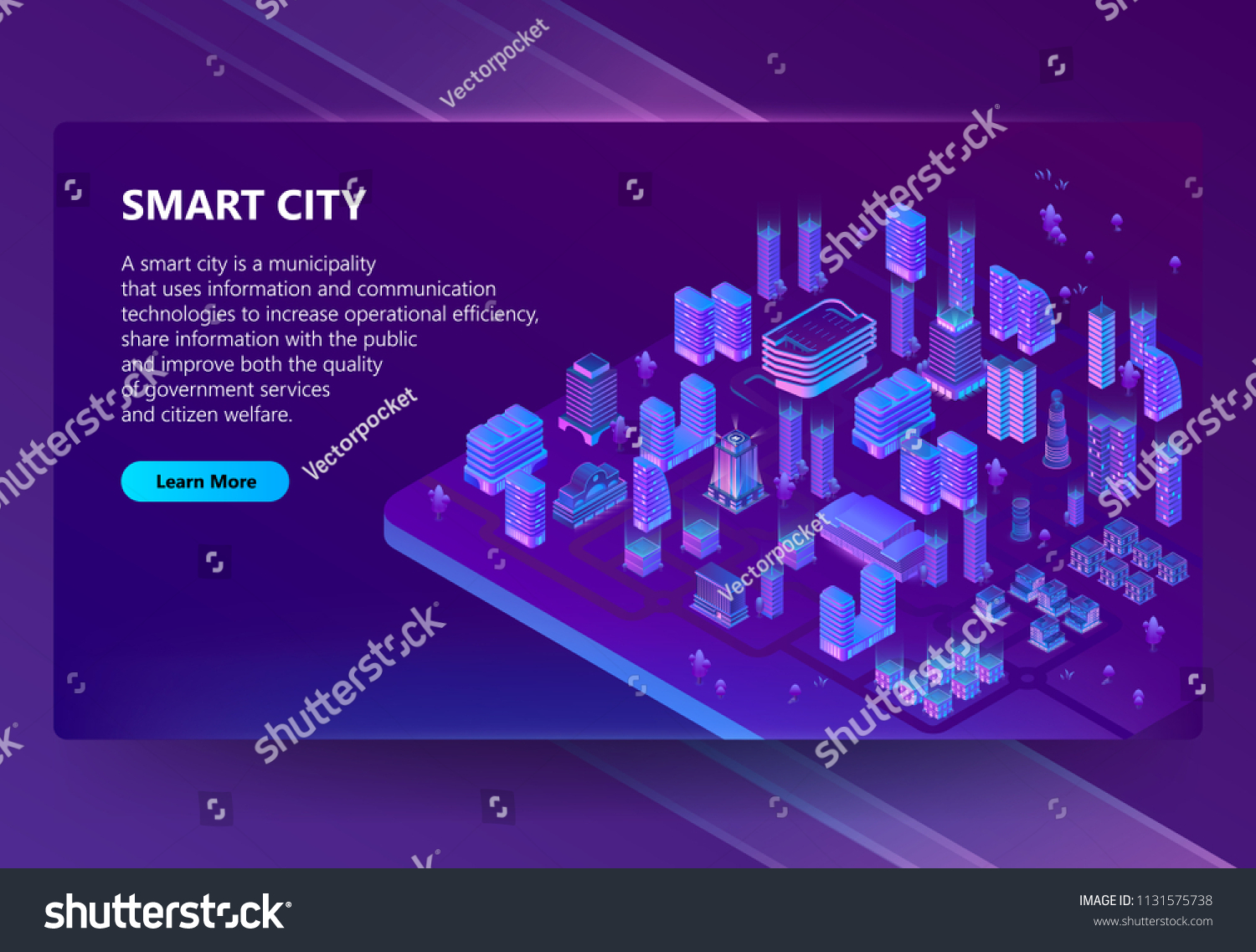 Vector site with 3d isometric megapolis  city in violet colors. Network portal with button. Collection of houses  skyscrapers  buildings with ultraviolet lighting on background