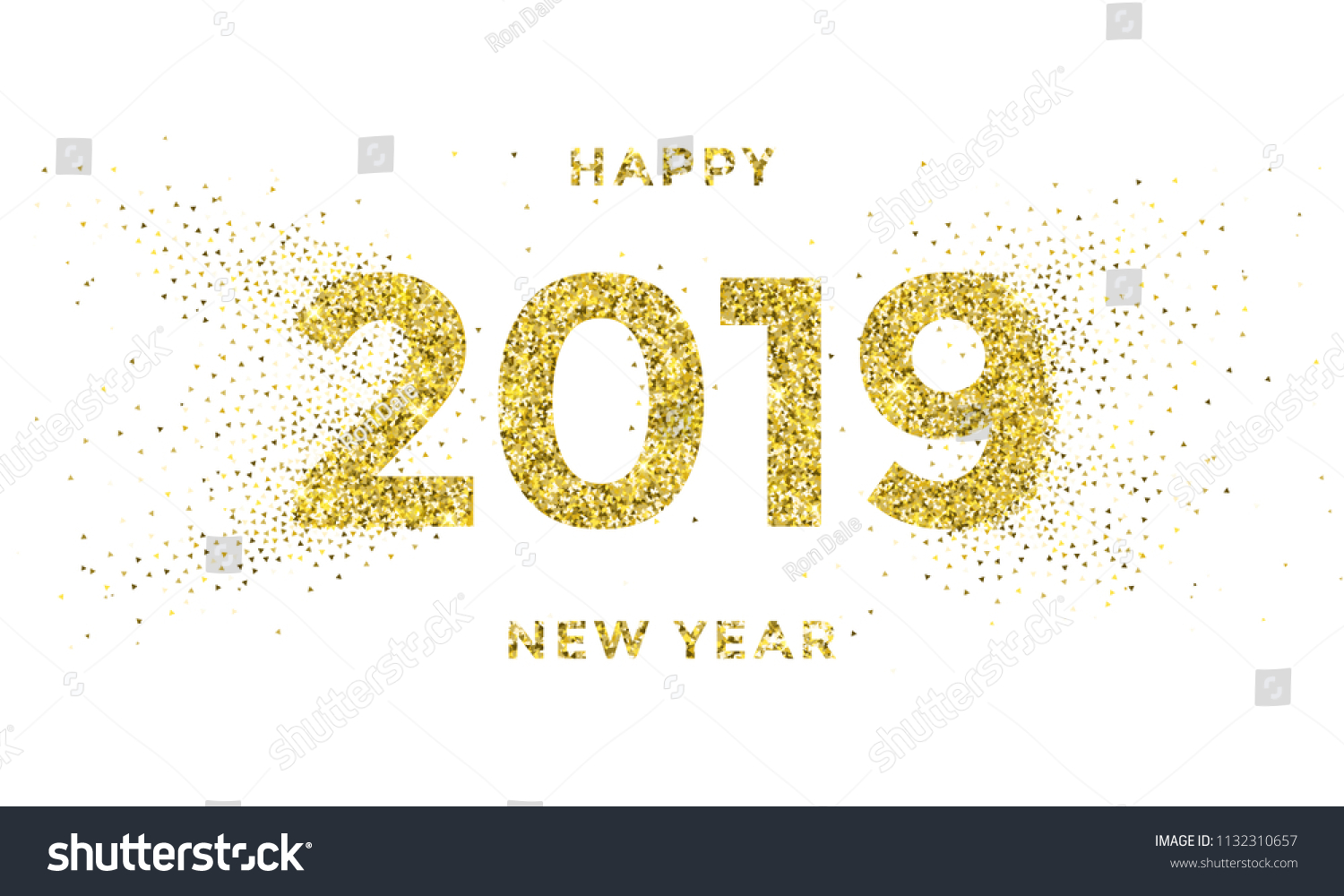 2019 Happy New Year greeting card of vector golden stars glitter confetti for Christmas holiday celebration on white sparkling background