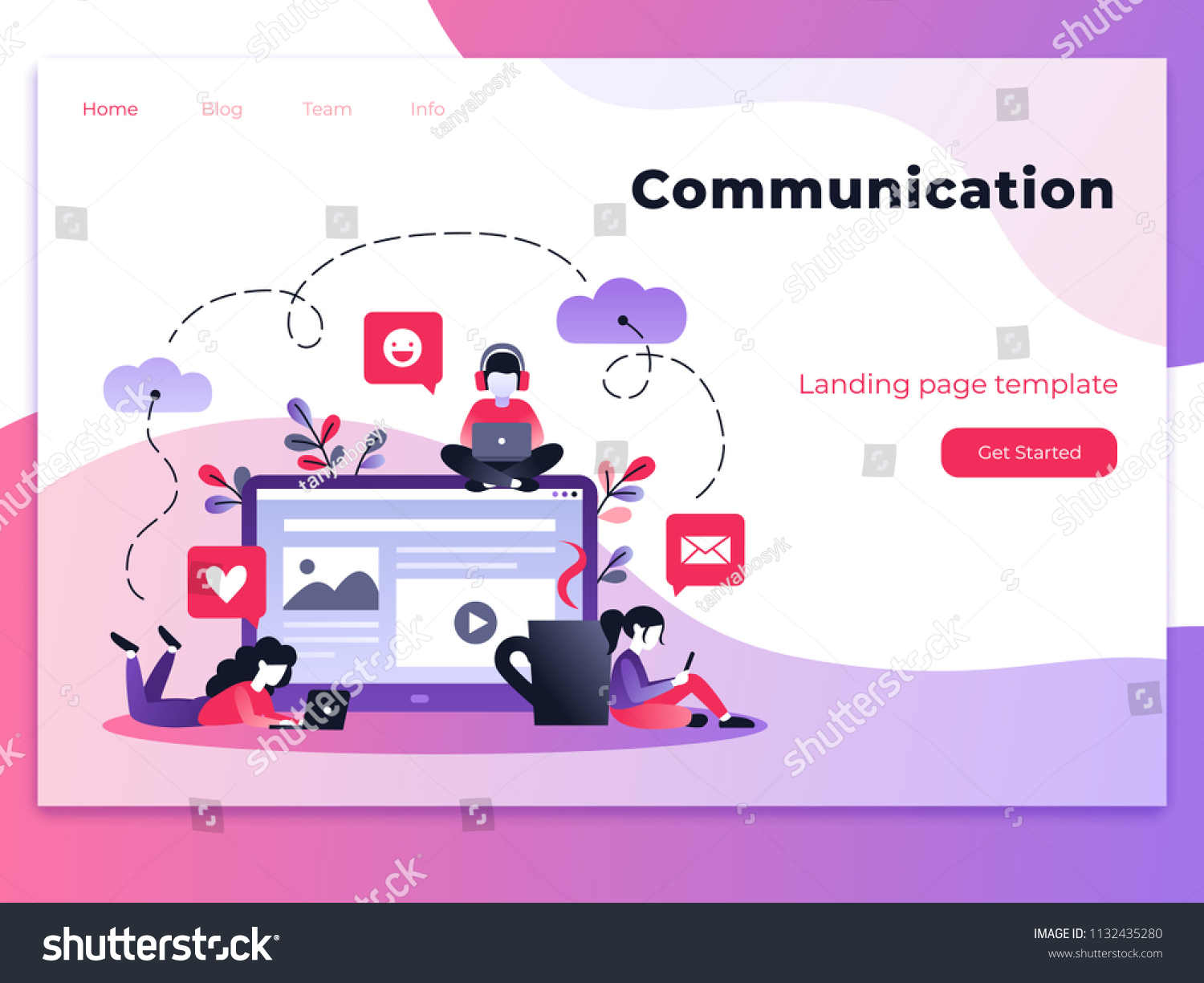 Vector ultraviolet gradient illustration of communication via the Internet  social networking  chat  video  news  messages  web site  mobile web graphics. Landing page template