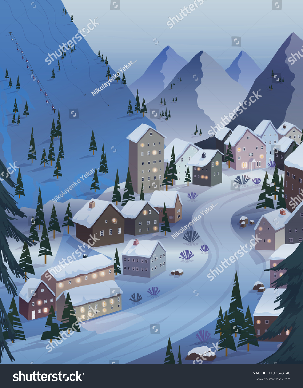Ski resort. Beautiful landscapes with mountains  houses  hotels  fir trees and ski lift. Night scenery. Vector illustration