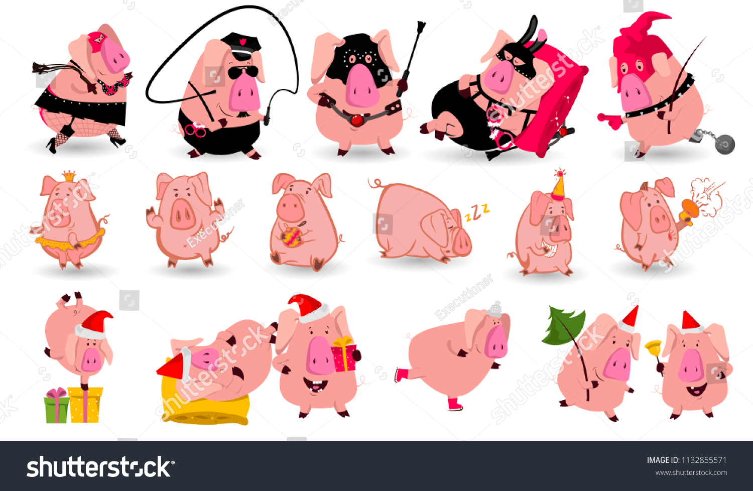 Set of chinese symbol of the 2019 year pig with different emotions. Vector isolated illustration. Creative design of the New Year's card in 2019 pig