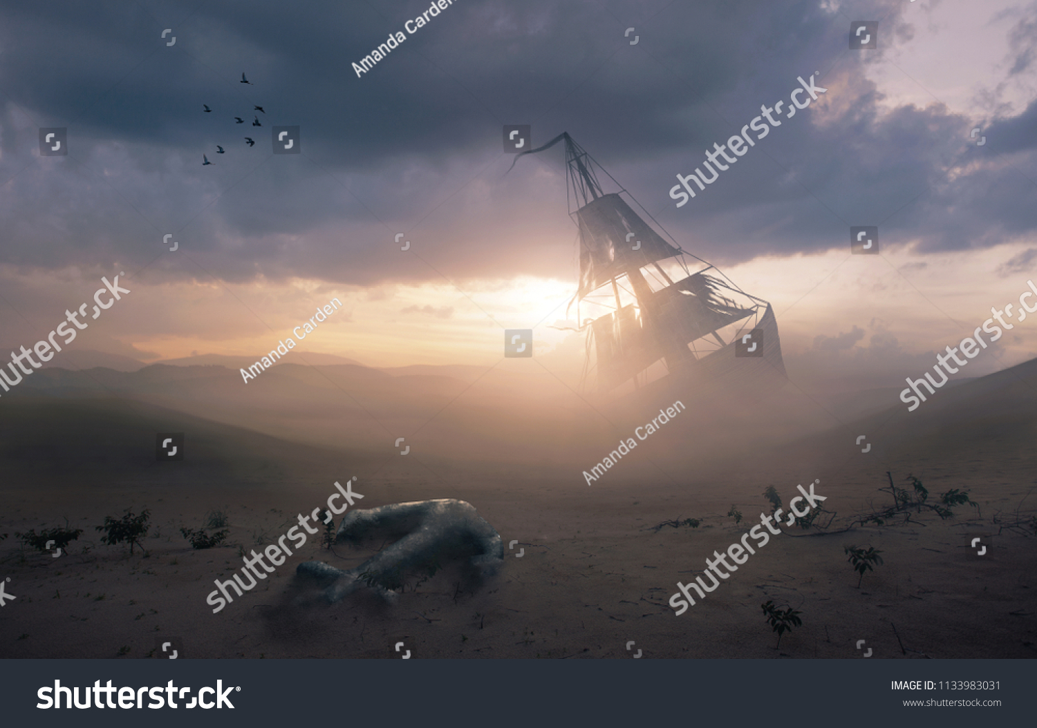 Surreal image of a shipwreck in the desert with a lost anchor