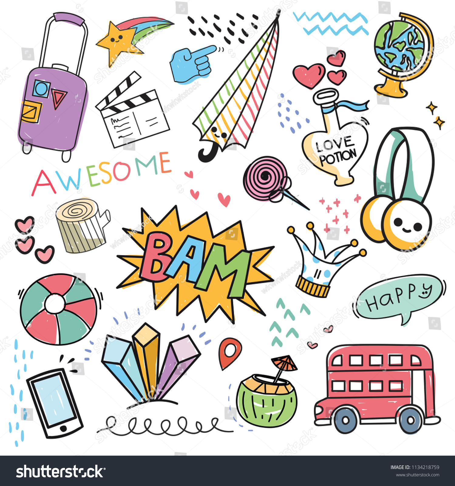 Set of design element and icon in hand drawn doodle style vector illustration
