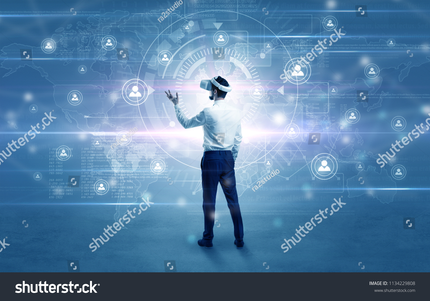Manager with vr headset and social network research concept
