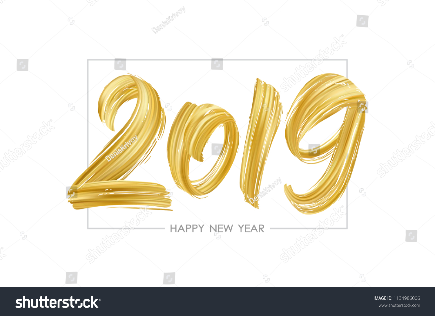 Vector illustration: Hand drawn brush stroke golden paint lettering of 2019. Happy New Year 