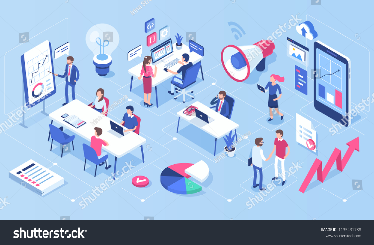 People in open space office concept design. Can use for web banner  infographics  hero images. Flat isometric vector illustration isolated on white background.