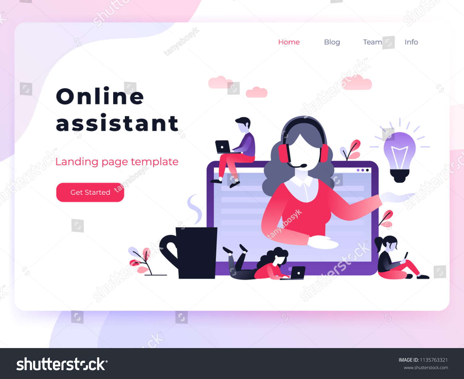 Concept customer and operator  online technical support 24-7 for web page. Vector landing page template female hotline operator advises client. Online assistant  virtual help service.