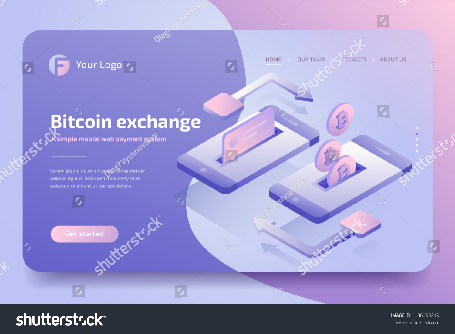 Mobile payments concept of transfer bitcoin  money from card  website template. Cryptocurrency and blockchain technology. 3d isometric bitcoin transaction  e-commerce. Vector illustration.