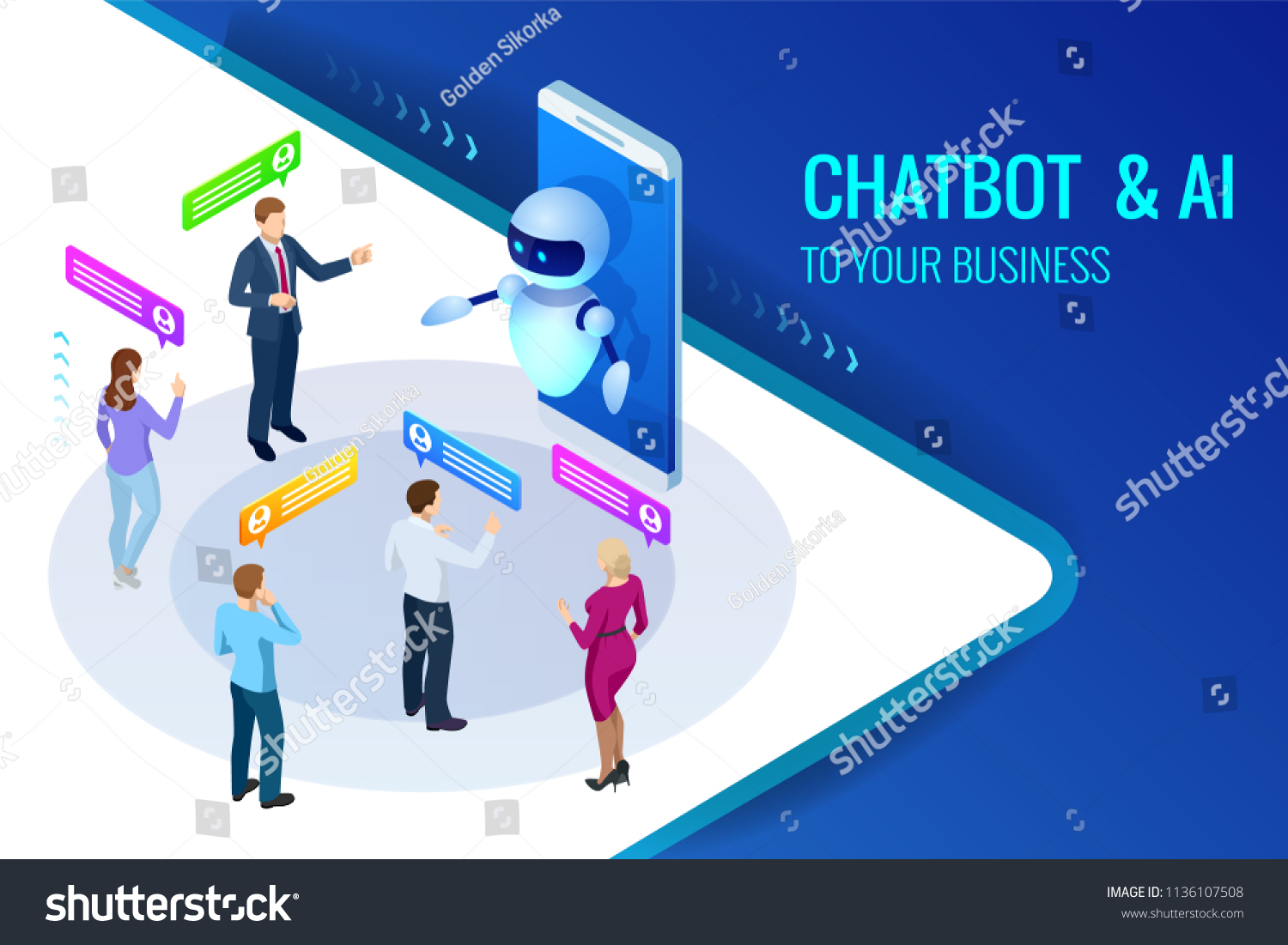 Isometric artificial intelligence. Chat bot and future marketing. AI and business IOT concept. Mans and women chatting with chatbot application. Dialog help service. Vector illustration.